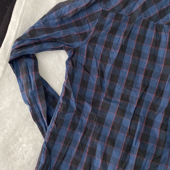 Black slim fit black and blue checkered button down shirt with red lines - Picture 12 of 17